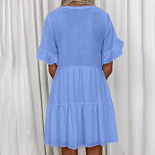 Asian Dress For Women Womens Dresses Summer Casual Knee Length Dress Relaxed Fit Short Sleeve Flowy Swing Sundress Business Dresses(Ar-Blue,X-Large) #TOP1