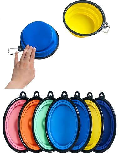 RQzaufania Ciotole pieghevoli per cani con moschettone il bordo sagomato in un unico pezzo impedisce la piegatura. 2 confezioni di cibo da viaggio e ciotole d'acqua per cani (piccole, blu scuro e