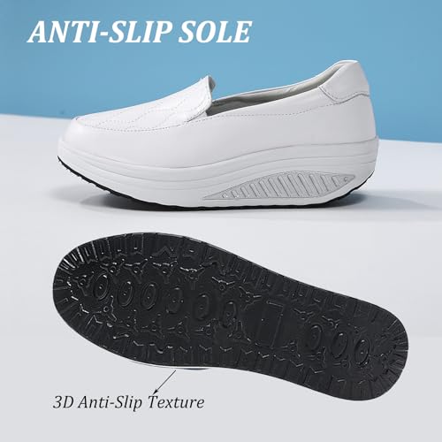 Image of Women's Leather Platform Slip On Nurse Loafers Comfortable Lightweight Wedge Orthotic Sneakers Casual Rocker Shoes
