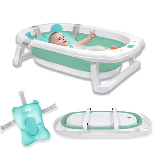 Froadp 82x50x20cm Faltbare Badewannen für Babys, Klappbare Babybadewanne, Rutschfest Kinderbadewanne, Tragbare Sicherheits Duschwanne für Neugeborene Kleinkinder von 0-8 Jahren (Grün mit Sitzkissen)