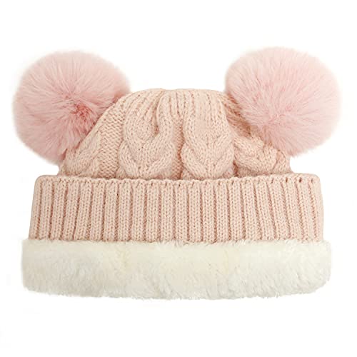 Bubo.yaa Baby Girl Winter Hat Cable Knit Baby Beanie For Infant Toddler Double Faux Fur Pom Pom Beanie With Fleece Lining #TOP3