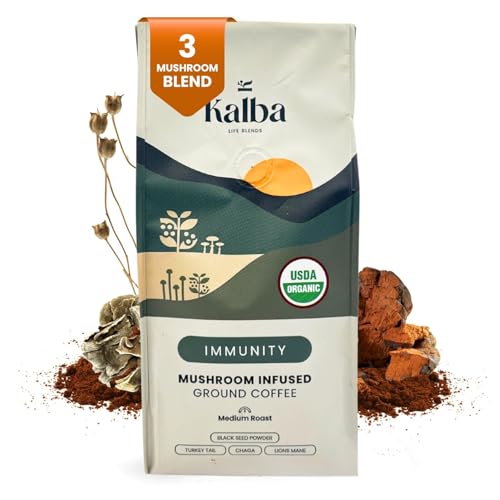 Kalba Organic Mushroom Coffee Grounds, Medium Roast 10 oz | Arabica Coffee with Lion's mane, Chaga, Turkey Tail, & Nigella Seed for Energy Boost & Immunity