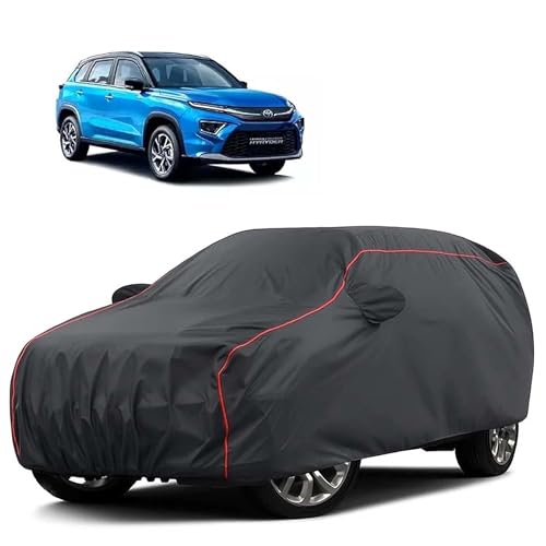 Image of Sulfar 100% Water Resistant Car Body Cover Compatible with Mirror for Toyota Urban Cruiser Hyryder (Triple Stitched, Full Bottom Elastic, Dark Grey Tafetta with Red Piping)