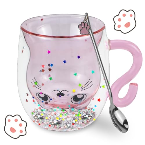 WPPQWP Vasos de doble pared para gatos, 300 ml, tazas lindas con cuchara, regalo para amantes de los gatos/mujeres/niños, con lentejuelas, taza de café, regalo de cumpleaños (rosa, 300 ml)