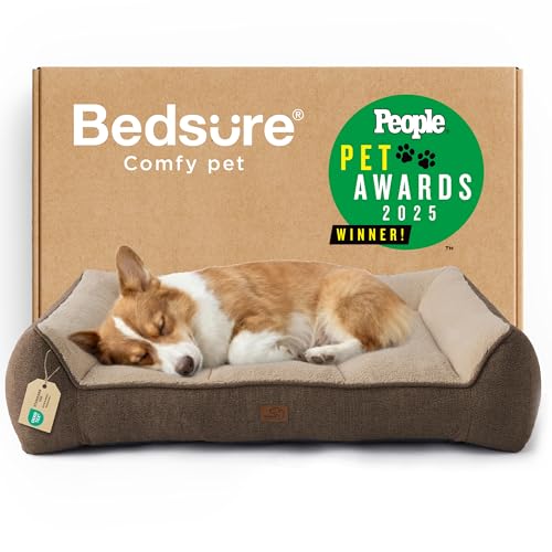 Image of Bedsure SupportMax Orthopedic Dog Bed Medium Size Dog - Extra Thick Supportive Medium Dogs Beds with Waterproof Washable Cover, Comfort Pet Bed Sofa with Soft Sherpa and Nonskid Bottom, Brown, 35 inch