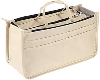 IGNPION Printed Insert Handbag Purse Organiser 13 Pockets Expandable Liner Bag Pouch Zipper Closure Tote Organiser Diaper Bag Insert with Handle (Beige