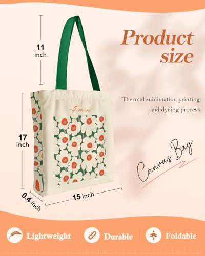 Miss Adola Aesthetic Heavy Canvas Tote Bag - with Pocket for Women Gift Large Cloth Cotton Tote Bag for Shopping, Gym, Work, Travel, Beach, Vacation, Green White Flower - Thumbnail 2