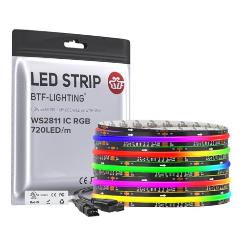 BTF-LIGHTING WS2811 Smart IC RGB FCOB COB LED Strip UL Listed 720LEDs/m High Density Color Chasing Uniform Light DC12V 16.4FT 12mm Width Black PCB for Home Party DIY Decor(No Adapter or Controller)