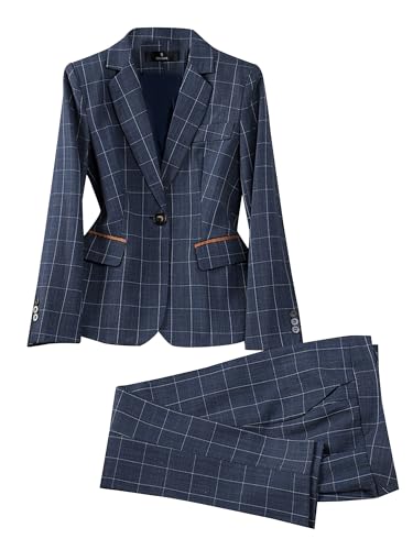 Women Elegant Office Pant Suits Set 2 Pcs Plaid Professional Interview Work Business Blazer Jacket Pant Set