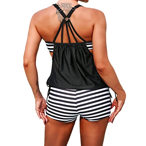 Lnmuld Plus Size Swimsuit For Women Women Printed Two Pieces Swimsuit High Waist Drawstring Swimwear With Boyshort Control Black #TOP2