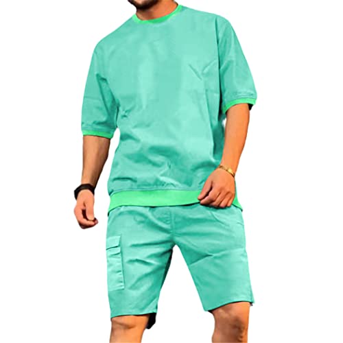 Survêtement d'été 2 pièces pour homme avec t-shirt décontracté et short cargo bleu taille L