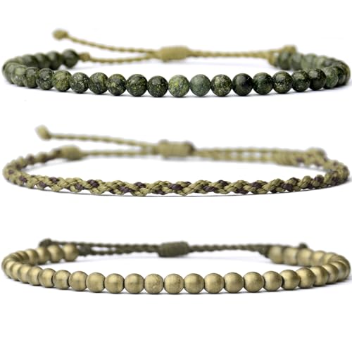 Mezcla Vida 3 Pcs Handmade Natural Gemstone Beaded Healing Bracelet, Adjustable Waterproof Rope Bracelet Set, Valentines Day Birthday Gifts for Boyfriend Husband Him (Tibetan Jasper & Hematite（brass）)
