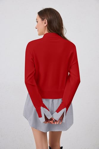 Image of Women Turtleneck Slit Patchwork Knit Pullover Sweater 2 in 1 Asymmetrical Hem Striped Button Down Shirt Tops