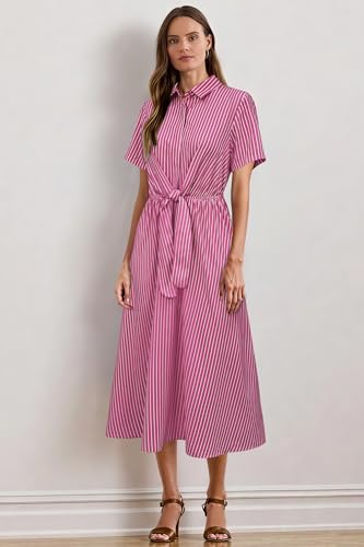 Image of Newshows Women's Work Business Casual Outfits Tie Waist Midi Shirt Dress | Lightweight & Breathable Easy-care Fabric, Side Pockets, Decent Professional Attire, Church Office Funeral Outfits