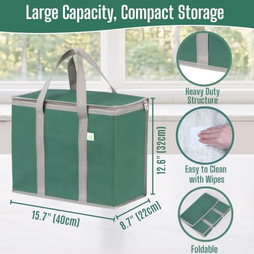 Image of 2 Pack Large Insulated Bag with Reinforced Lid and Handles, Foldable Cooler Stand Up Shopping, Thermal Reusable, Durable Meal (Green, Pack of 2)