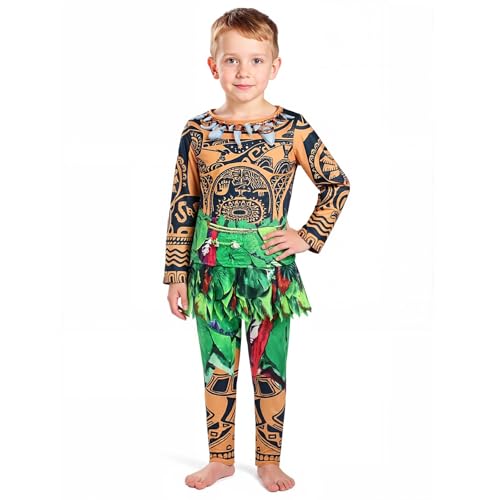 BSBUY Disfraz de Maui para Niños, Larga Top de Tatuaje y Pantalones Falda de Hojas, Ropa de Semidioses Maui, para Halloween Carnaval Fiesta Cumpleaños Mascarada, 110cm