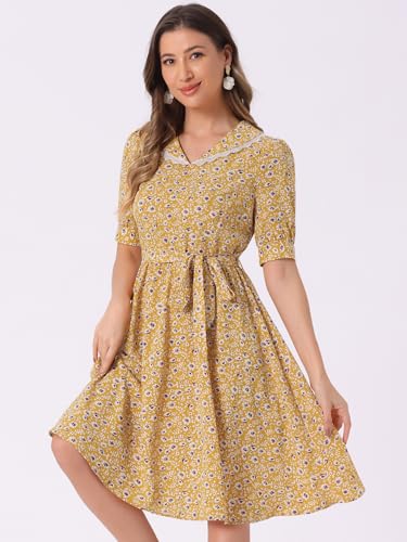 Image of Allegra K Women's Vintage Peter Pan Collar High Waist Flowy Midi Puff Sleeve Floral Dress