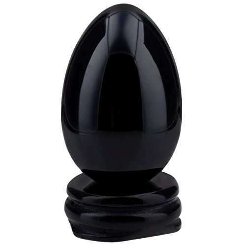 Sunyik Black Obsidian Gemstone Egg Sphere Sculpture Healing Figurine With Crystal Stand Easter Day's Gift(1"X1.6") #TOP1