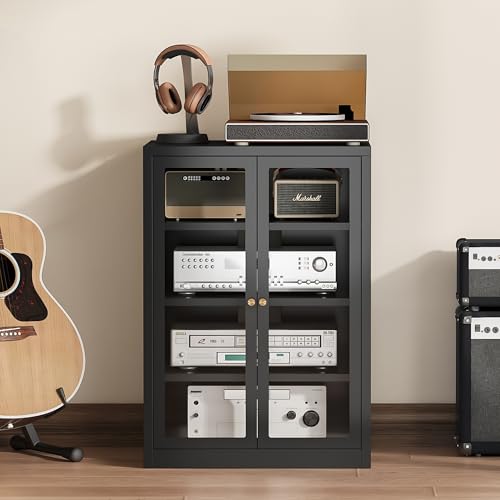 Metal Media Cabinet, 4-Tier Stereo Cabinet with Glass Doors & Adjustable Shelves, Audio AV Rack with Cable Management, Black