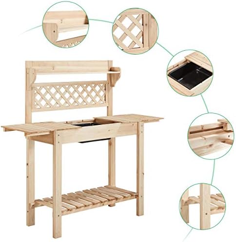 Yaheetech Garden Potting Bench Wooden Potting Table Outdoor Work Bench with Trellis Sliding Tabletop Wood Work Station Bench with Sink Drawer and Storage Shelf