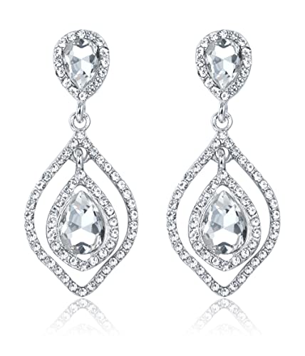 Lolias Silver Clip On Earrings For Non-Pierced Women,Sparkly Rhinestone Tassle Dangle Earrings For Brides Bridesmaids Wedding Formal Prom Earrings,2 Layer Pear-Shaped Clip Earrings #TOP23