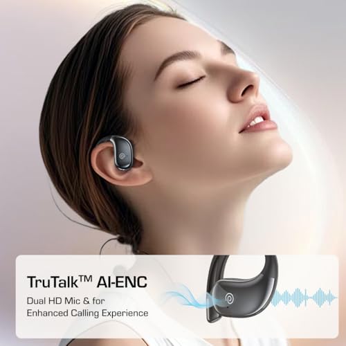 Image of pTron Bassbuds Trendz Open Ear Wireless Earbuds, SafeBeats Design, HD Mics & TruTalk AI-ENC Calls, 45Hrs Playtime, App Support, 14.2mm Drivers, BT6.0 Headphones, Type C Charging & IPX5 (Pearl Black)