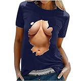 Women's Sexy Big Boobs Printed Tops Novelty 3D Graphic Tees Summer Short Sleeve T-Shirt Crewneck Tunic Blouse Navy