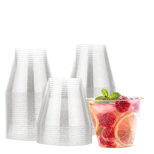 MATANA 30 Silver Glitter Plastic Cups 9oz, Clear Disposable Cocktail, Punch Cups, Wine Tumblers for Christmas, Parties and Weddings 30 Pack Silver Gli