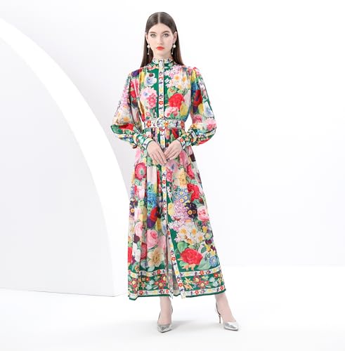 Image of LAI MENG FIVE CATS Women's Puff Sleeves High Collar Floral Print Button Front Loose Flowy Maxi Dress with Belt