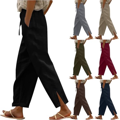 Linen Pants Women Summer High Waisted Elastic Slit Hem Straight Leg Lounge Pant Casual Loose Lightweight Beach Trousers