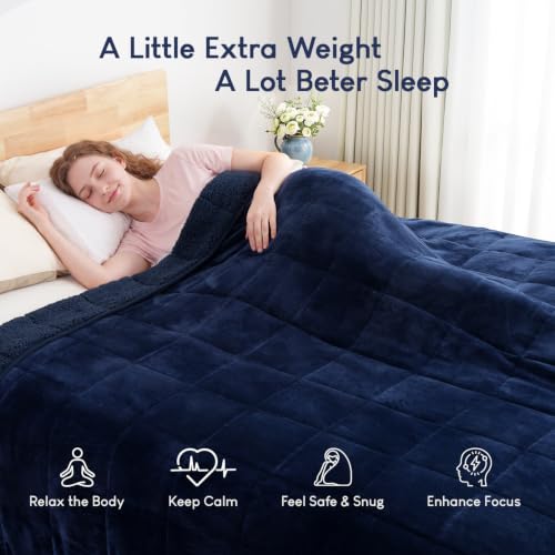 Image of Cottonblue Weighted Blanket 20lbs 60x80 Inches, Navy Blue Sherpa Blanket Throw Sofa Bedding Heavy Blanket for Adults, Soft Cozy Fleece Blanket On Queen Bed, Plush Fleece Minky 20 lb Weighted Blanket