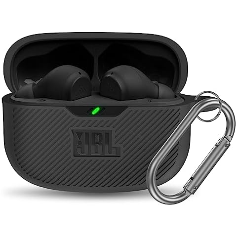 Hugimcnt for JBL Vibe 200TWS/JBL Vibe Beam Case Cover, Silicone Protective Shock Cover Compatible with JBL Vibe 200TWS & JBL Vibe Beam True Wireless Headphones Charging Case with Carabiner (Black) Cover