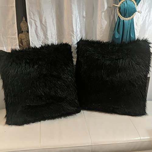 Image of Fur Cushion Pillow Cover for Set of 2 Pillow - 13x13 Inches (Black)
