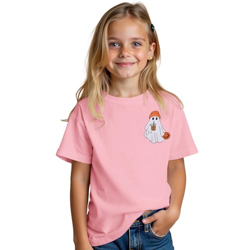 Image of Ritatte Kids Halloween Shirt Girls Boys Ghost Coffee Pumpkin T-Shirt Funny Graphic Spooky Season Short Sleeve Tee Tops 7-12Y