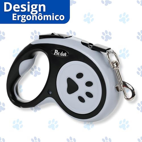 Coleira Guia Retrátil 3 Metros p Cachorros e Gatos, com Trava de Segurança, Botão de Controle para P