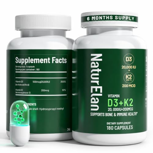 Image of NaturElan Vitamin D3 K2-20,000 IU D3 + 200mcg K2(MK-7), 180 Capsules | Supports Bone, Immune, Heart & Teeth Health, Non-GMO,Vegan, Third-Party Tested, Gluten Free, K2 D3 Vitamin for Men & Women