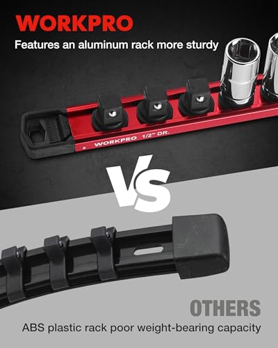 Image of WORKPRO Magnetic Socket Organizer, 1 /2 inch Drive Aluminum Alloy Socket Holder with 10 PC Removable Socket Clips for Quick Customization, Socket Rail for Tool Box Drawer (Sockets Not Included)