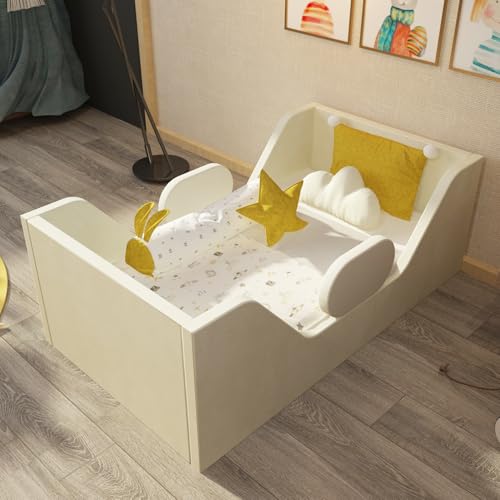 Image of weeonekids Toddler Bed, Child Bed for Kids with Extra Safty Broad, Standard Crib Size Toddler Bed, Certified Fabric Toddler Beds,Toddler Flood Bed (Light Khaki)