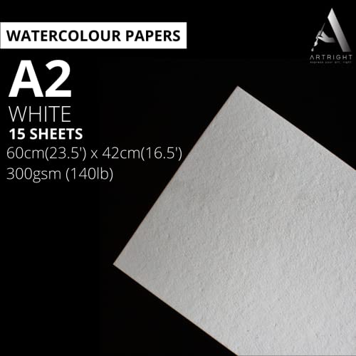 Image of ArtRight Artists' Watercolor Paper A2 300 GSM - 15 Sheets of Handmade Rough Grain Water Colour Papers for Watercolour, Acrylic, Gouache, Ink & Mixed Media