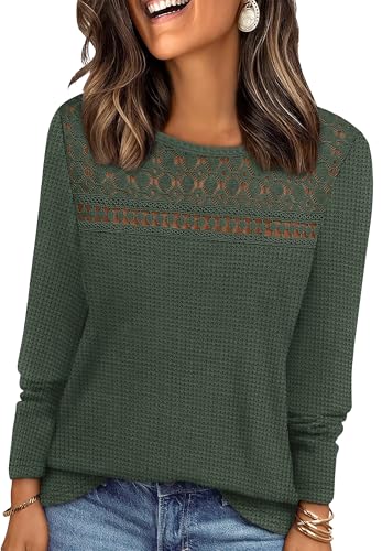 Image of WIHOLL Ladies Jumpers Long Sleeve Tops Womens Lace Blouse Trendy Waffle Knit Jumpers Dressy Casual Green Size 26-28 3XL