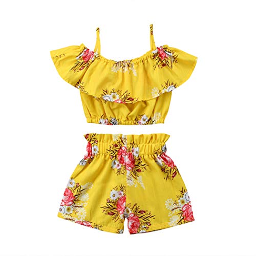 Toddler Kids Baby Girl Floral Halter Ruffled Outfits Clothes Tops+Shorts 2PCS Set (2-3 Years) Yellow