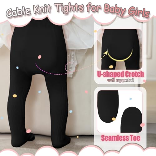 GUXIMIAR Baby Tights Cable Knit Tights Newborn Infant Toddlers Cotton Leggings Seamless Stockings Pantyhose Black 6-12M - Thumbnail 2