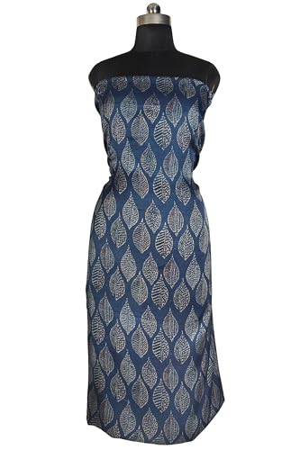 Image of Ethnics of Kutch Women's Ajrakh Modal Silk Natural Dye Hand Block Print Unstitched Kurta Fabric Mtr Length (2.5 Mtrs - Indigo 17101V)
