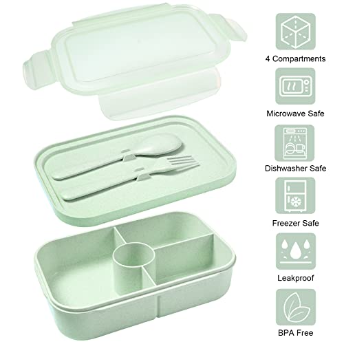 Jeopace Bento Box For Kids Lunch Containers For Kids With 4 Compartments Kids Bento Lunch Box Microwave Safe (Flatware Included,Light Green) #TOP1