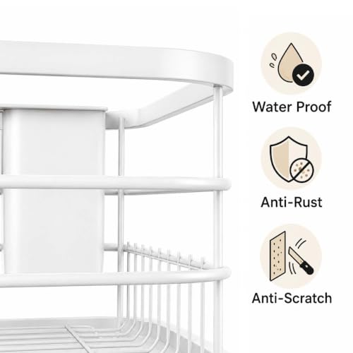 Image of ZOLMIX Dish Drying Rack, Dish Drainer Basket with Drainer Tray, Utensils Drying Rack Anti-Rust Detachable Cutlery Holder, Bartan Basket with Drain Tray, Kitchen Utensils Organizer, White (42x32x13 cm)