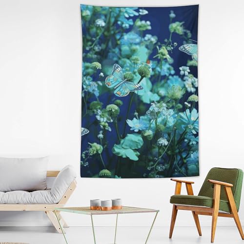 Tapisserie murale papillon vert et fleurs bleues pour decoration de chambre