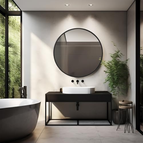 Image of Sunniry Circle Mirror 26 inch, Black Round Mirror, Round Bathroom Mirrors Matte Metal Frame, Circle Mirrors for Living Room, Bathroom, Wall, Hallway.