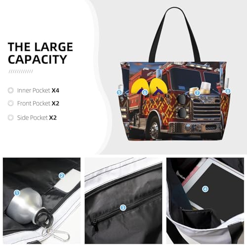 Fire Truck Beach Bags For Women Large Waterproof Sandproof Beach Tote Bag Pool Bag Lightweight Zipper Carry On Bag For Gym Travel Vocation3