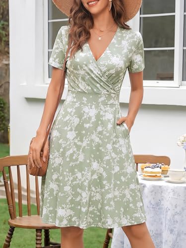 Image of MSBASIC Womens Summer Wrap V Neck Casual Dresses Floral Short Sleeve A-Line Midi Sundress