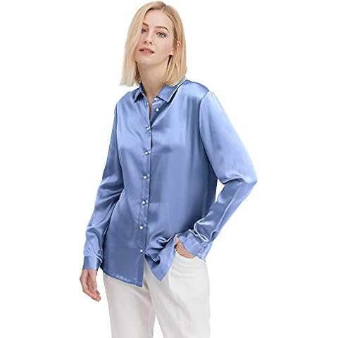 LilySilk Silk Shirt for Women Basic Formal Office Vintage Long Sleeve Pearl Button Down Casual Silk Blouse Tops for Ladies French-Blue XX-Large Cover